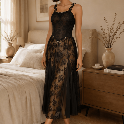Midi Floral Lace Nightgown with Square Neckline and Flared Skirt