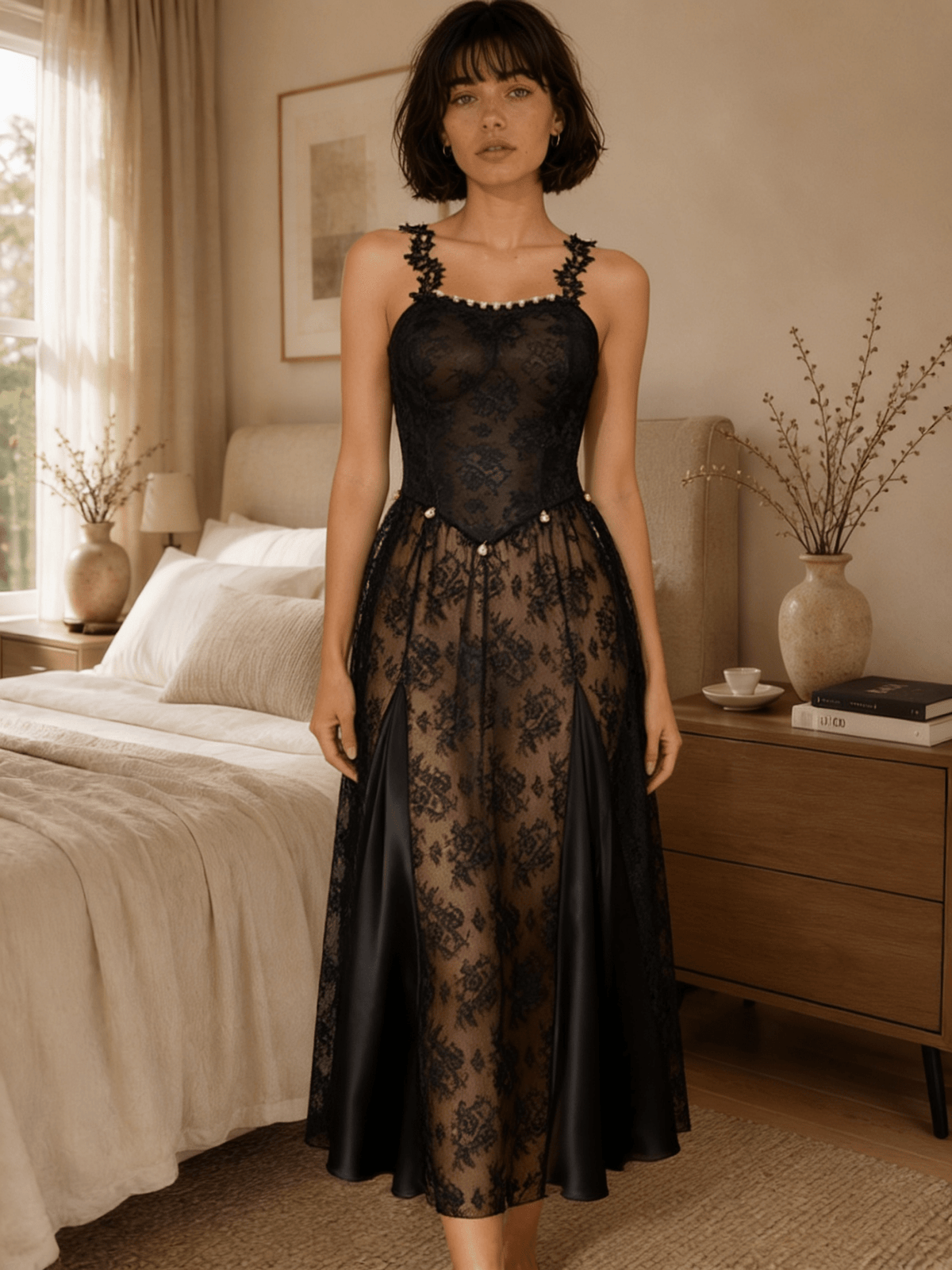 Midi Floral Lace Nightgown with Square Neckline and Flared Skirt