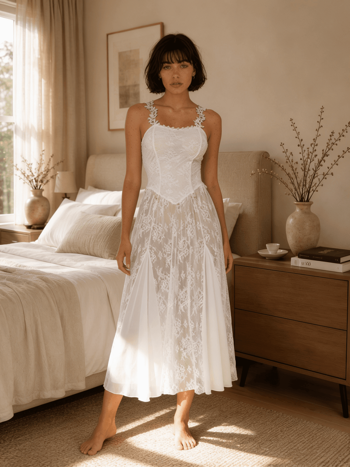 Midi Floral Lace Nightgown with Square Neckline and Flared Skirt - Comet Lore