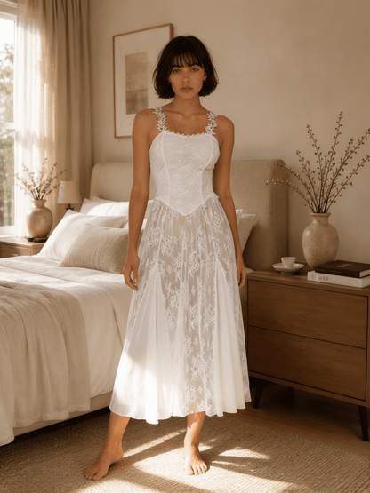 Midi Floral Lace Nightgown with Square Neckline and Flared Skirt - Comet Lore