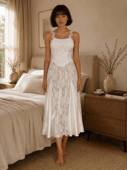Midi Floral Lace Nightgown with Square Neckline and Flared Skirt