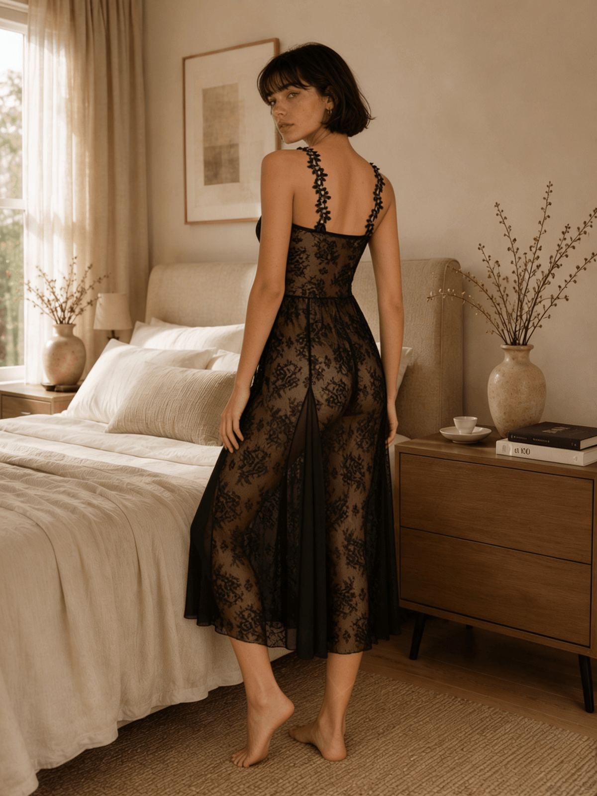Midi Floral Lace Nightgown with Square Neckline and Flared Skirt