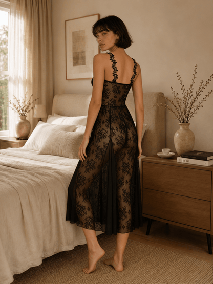 Midi Floral Lace Nightgown with Square Neckline and Flared Skirt