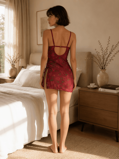 Rose Print Sheer Nightie with Lace Cups and Side Slit