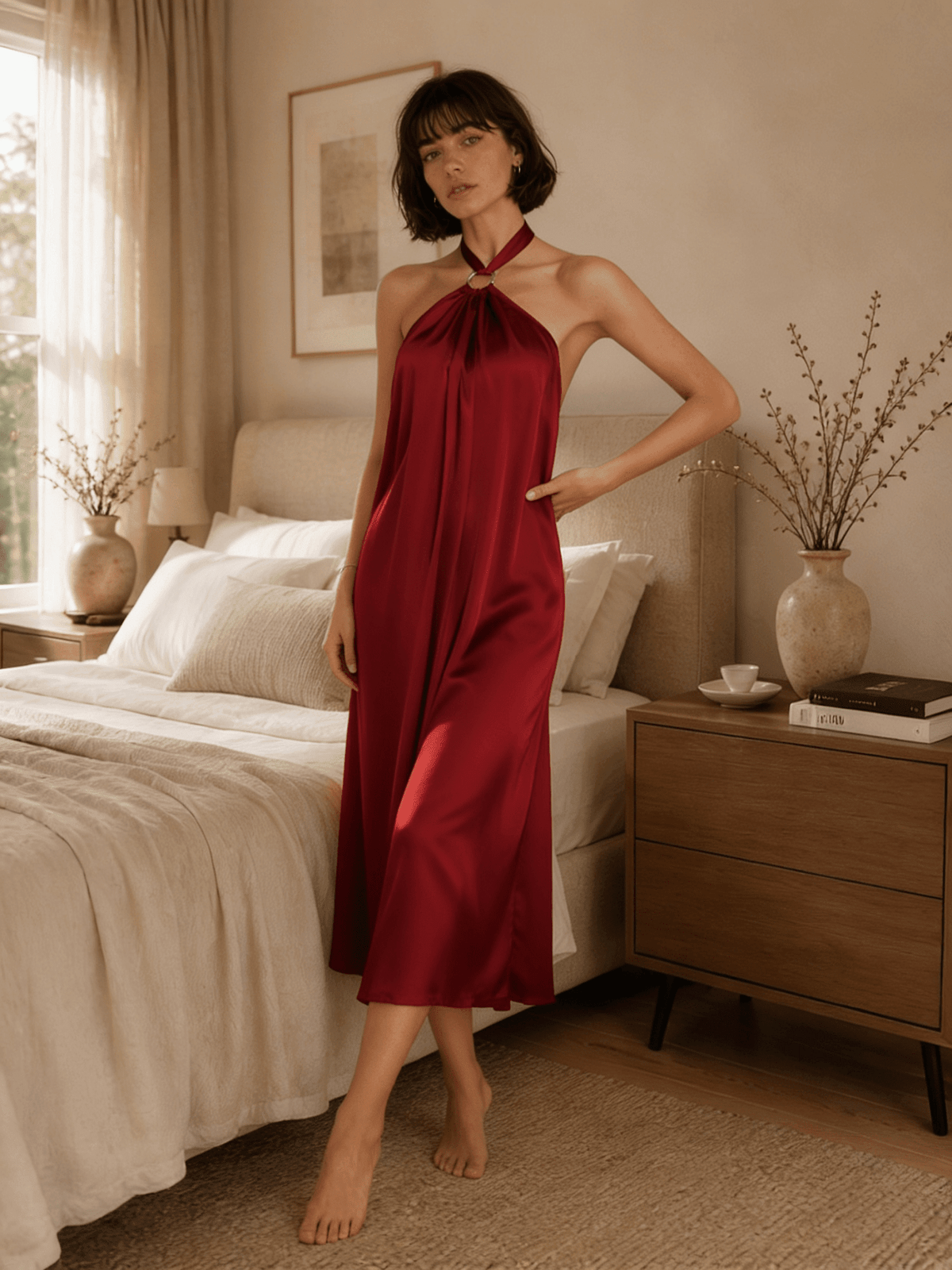 Satin Halter Midi Nightgown with Gathered Neckline and Open Back - Comet Lore