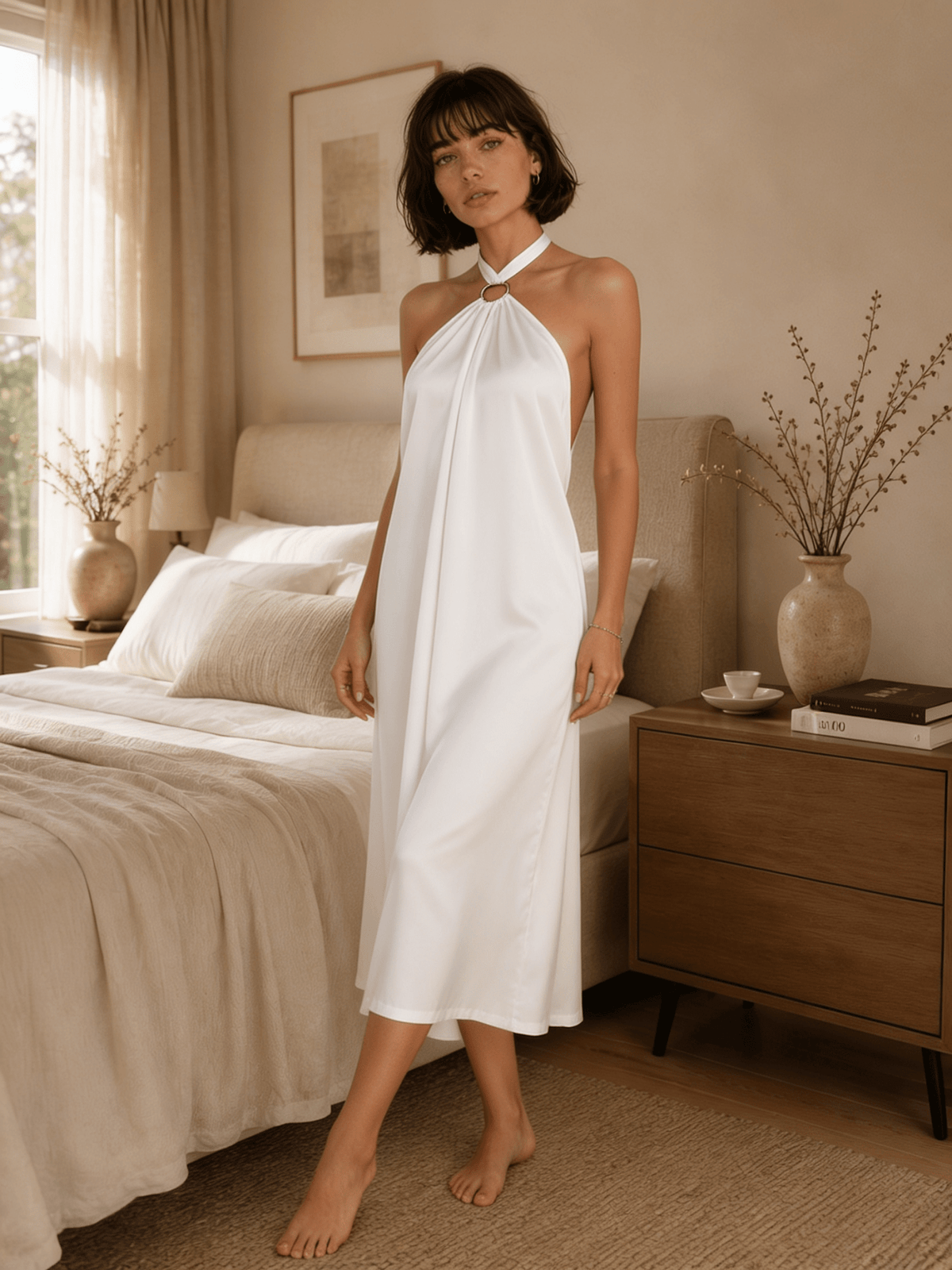 Satin Halter Midi Nightgown with Gathered Neckline and Open Back