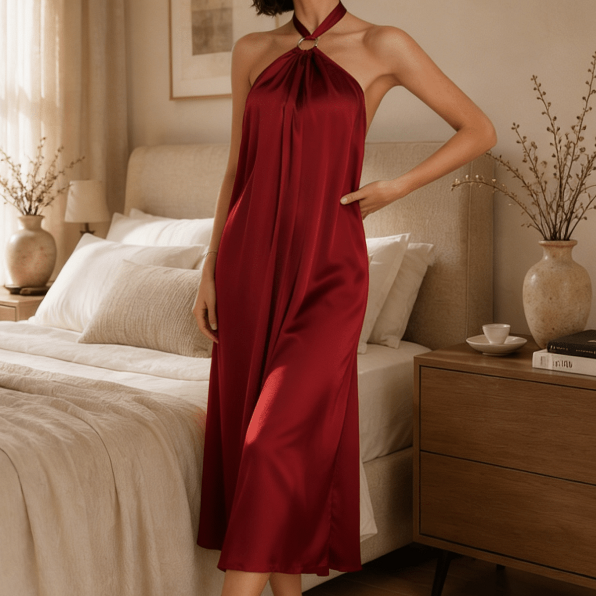 Satin Halter Midi Nightgown with Gathered Neckline and Open Back