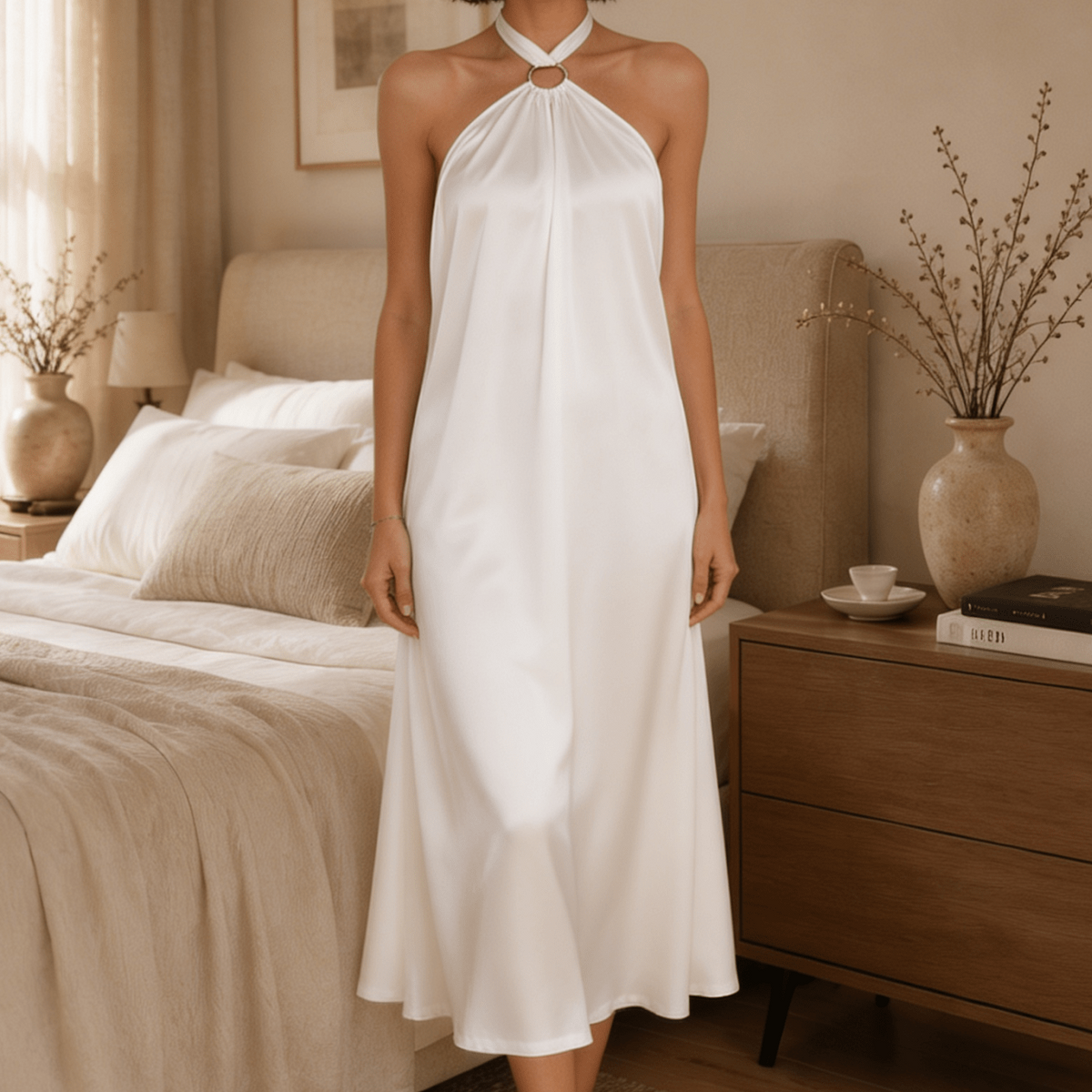 Satin Halter Midi Nightgown with Gathered Neckline and Open Back