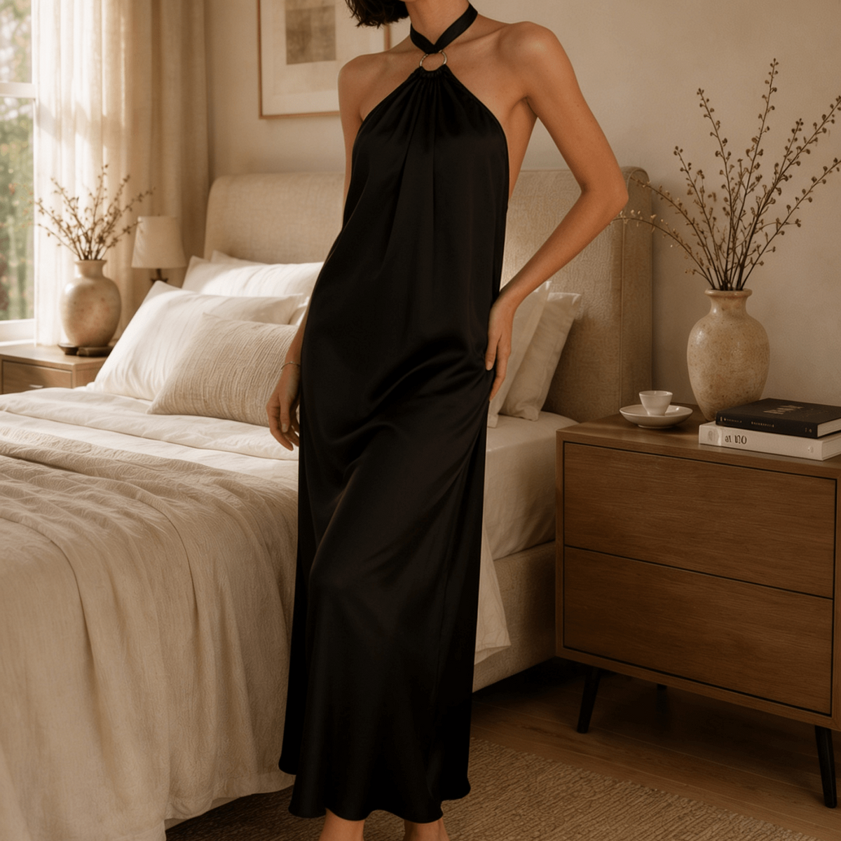 Satin Halter Midi Nightgown with Gathered Neckline and Open Back