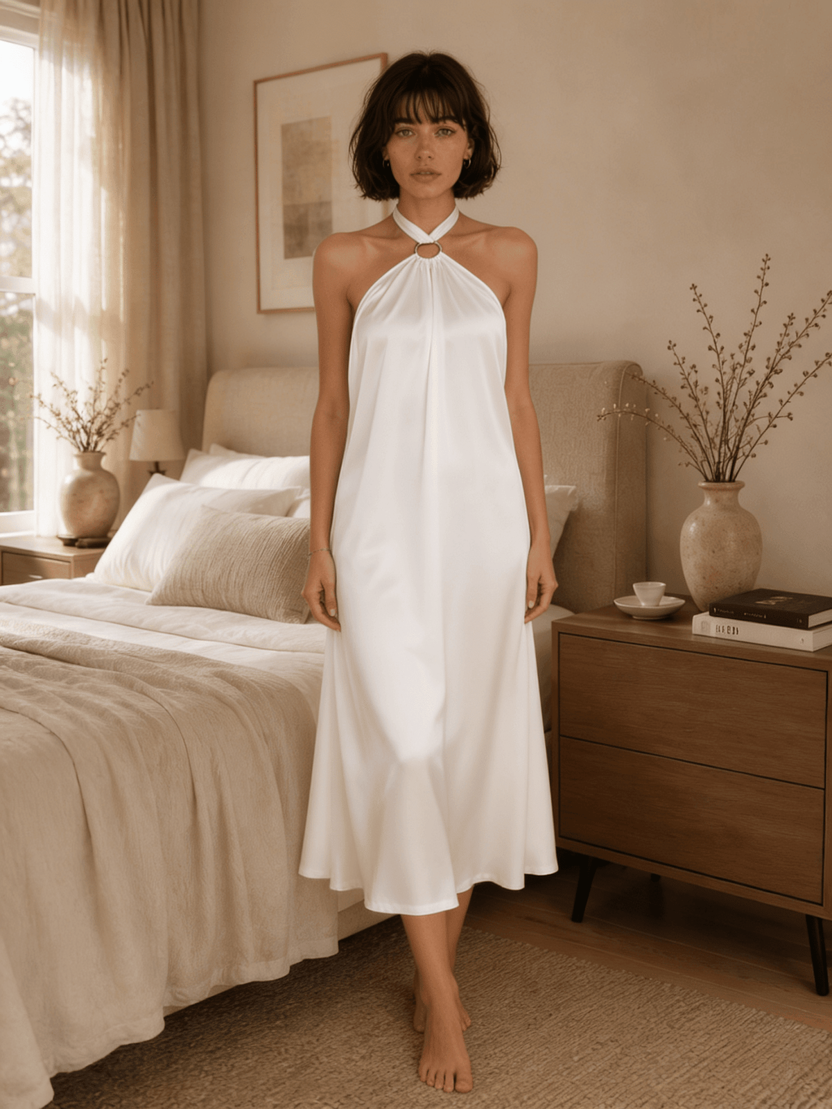 Satin Halter Midi Nightgown with Gathered Neckline and Open Back - Comet Lore