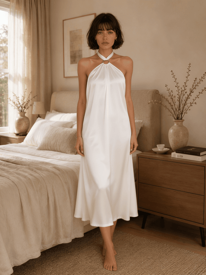Satin Halter Midi Nightgown with Gathered Neckline and Open Back - Comet Lore