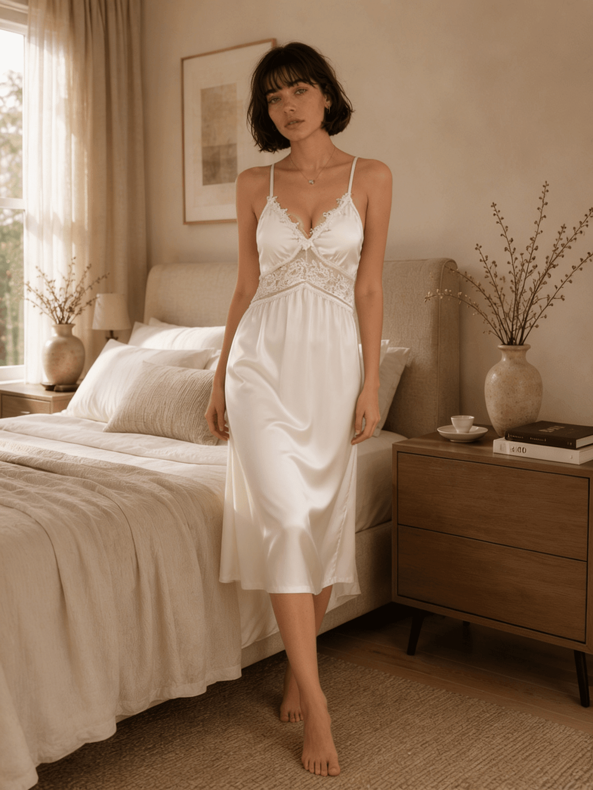 Satin Midi Nightgown with Lace Bodice and Teardrop Back - Comet Lore