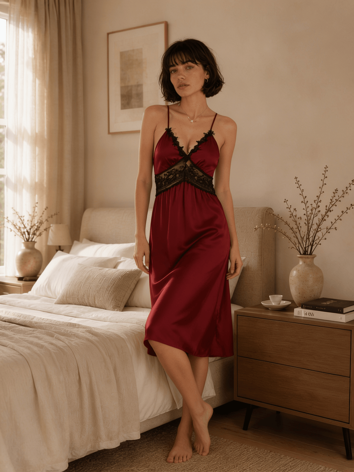 Satin Midi Nightgown with Lace Bodice and Teardrop Back