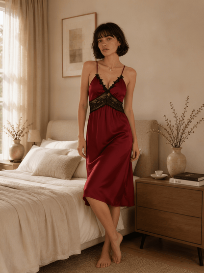 Satin Midi Nightgown with Lace Bodice and Teardrop Back