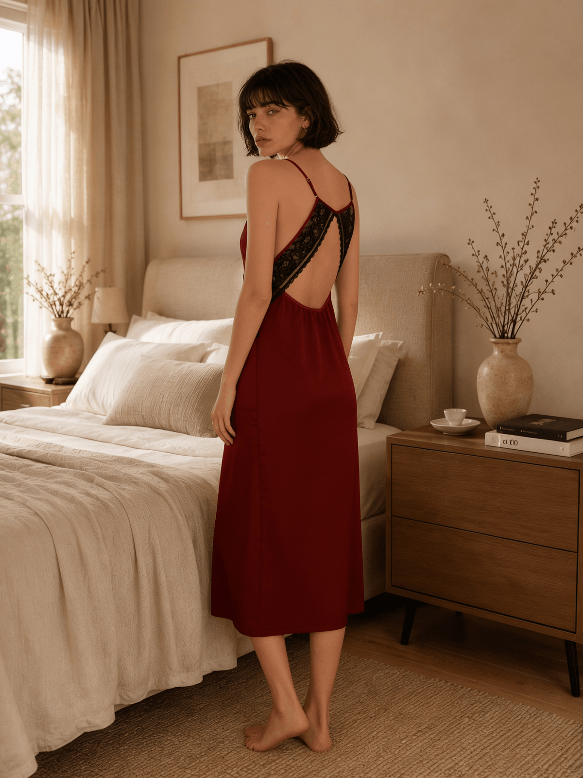 Satin Midi Nightgown with Lace Bodice and Teardrop Back