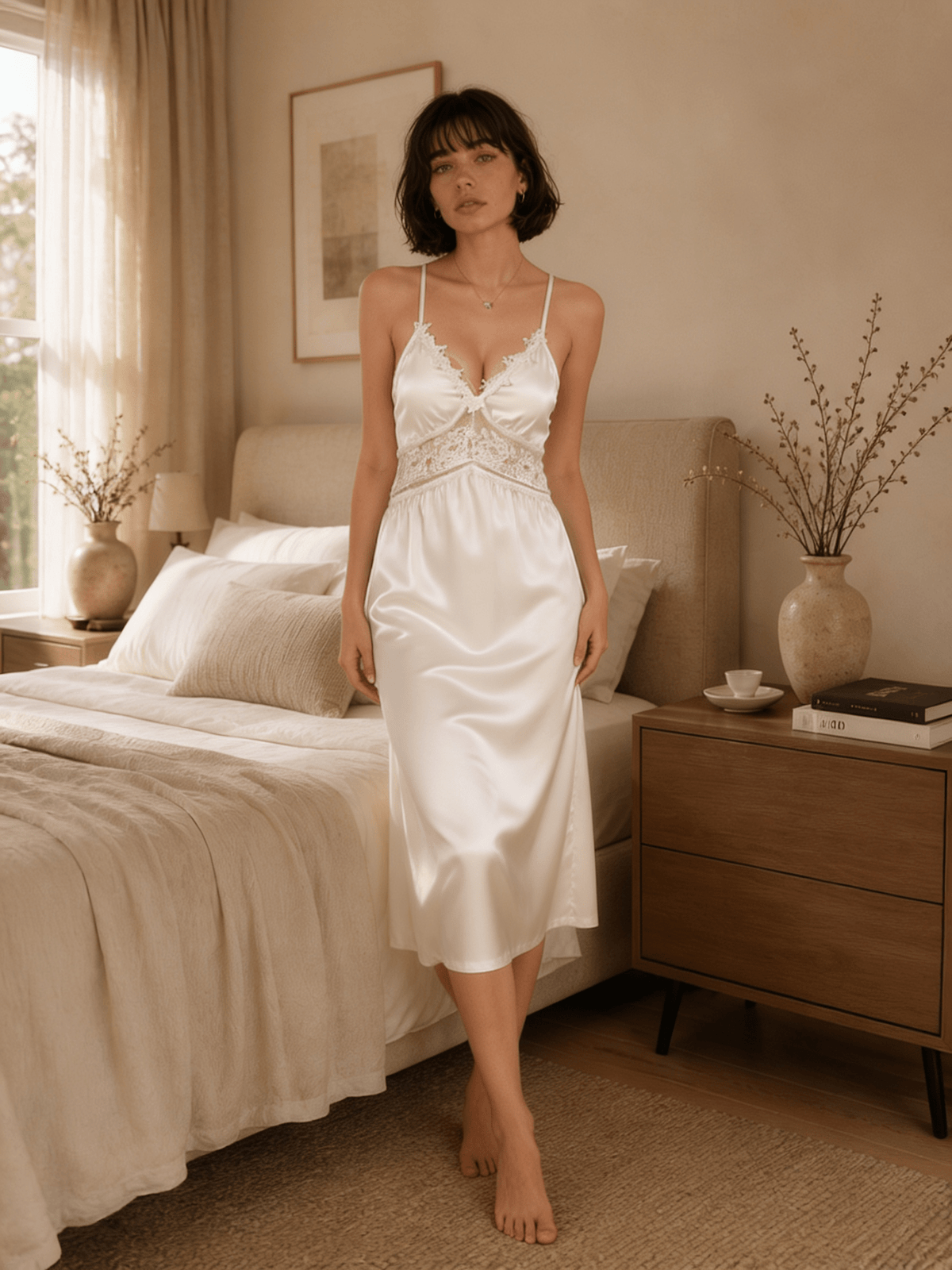 Satin Midi Nightgown with Lace Bodice and Teardrop Back