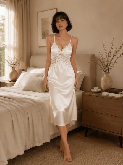 Satin Midi Nightgown with Lace Bodice and Teardrop Back