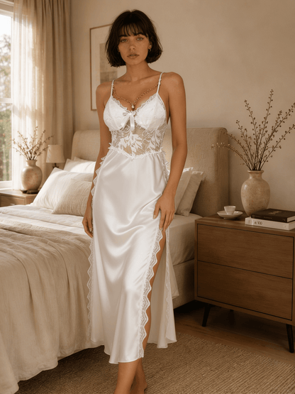 Satin Midi Nightgown with Lace Waist and High Side Opening