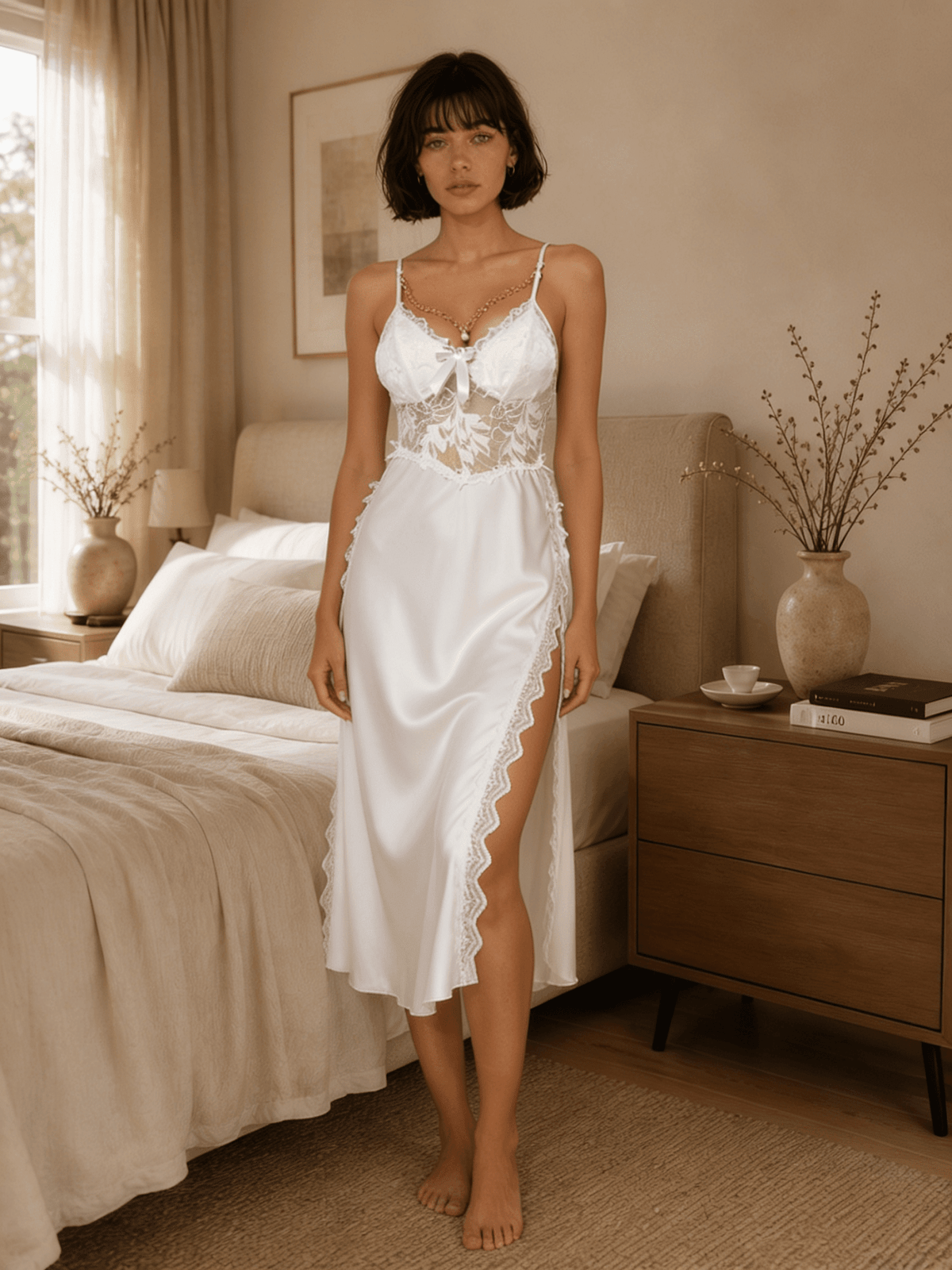 Satin Midi Nightgown with Lace Waist and High Side Opening - Comet Lore