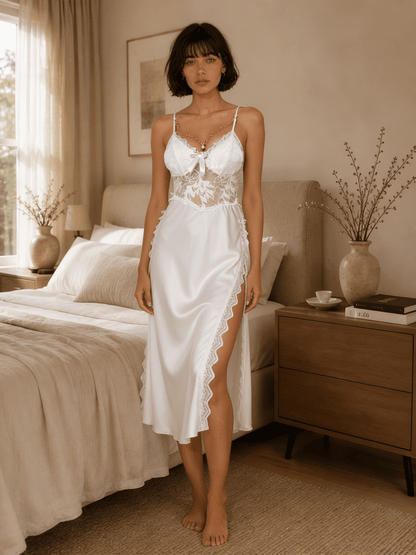 Satin Midi Nightgown with Lace Waist and High Side Opening - Comet Lore