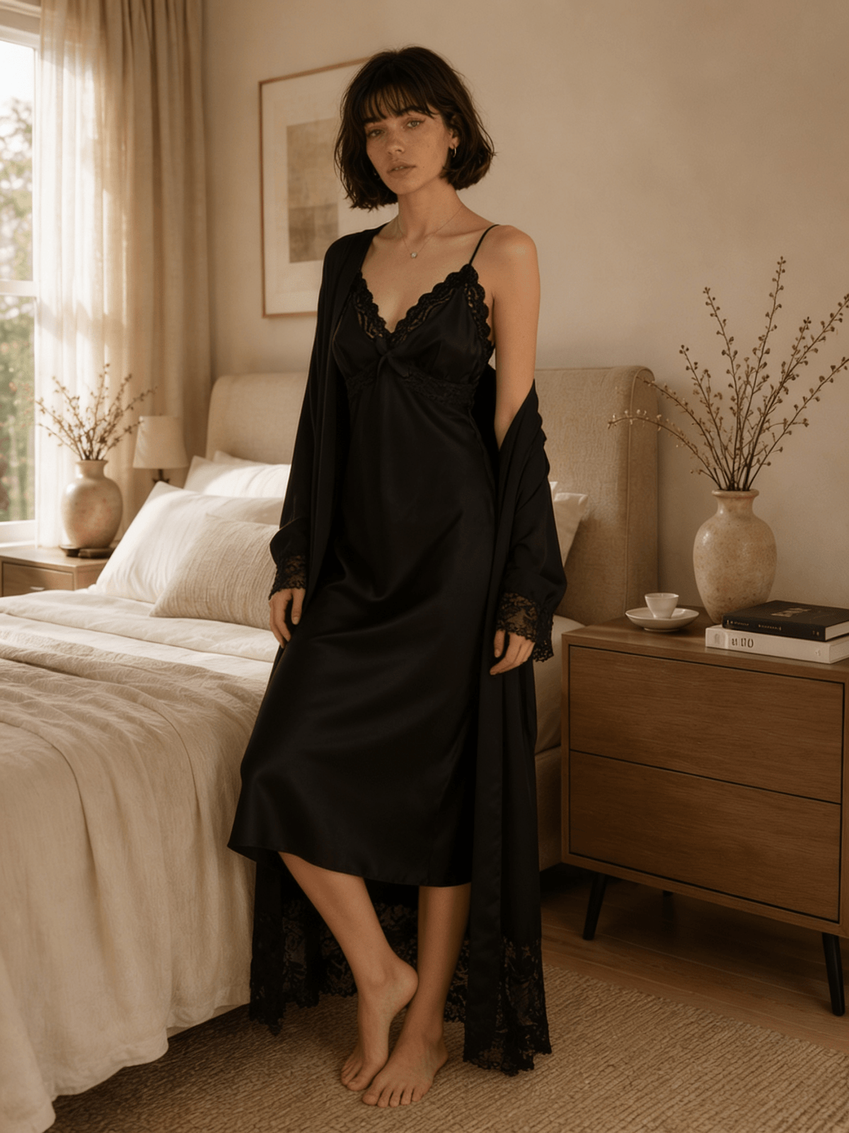 Satin Nightgown and Robe Set with Contrast Lace Trim