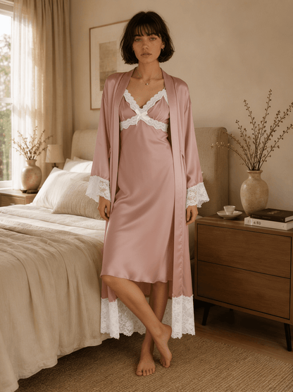 Satin Nightgown and Robe Set with Contrast Lace Trim