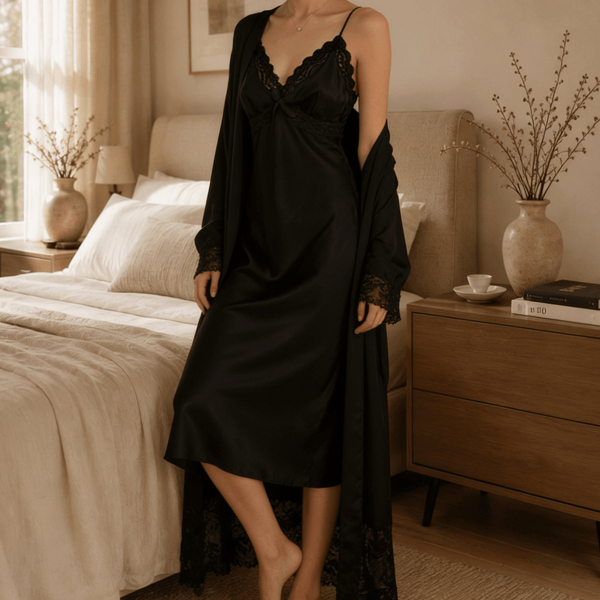 Satin Nightgown and Robe Set with Contrast Lace Trim - Comet Lore