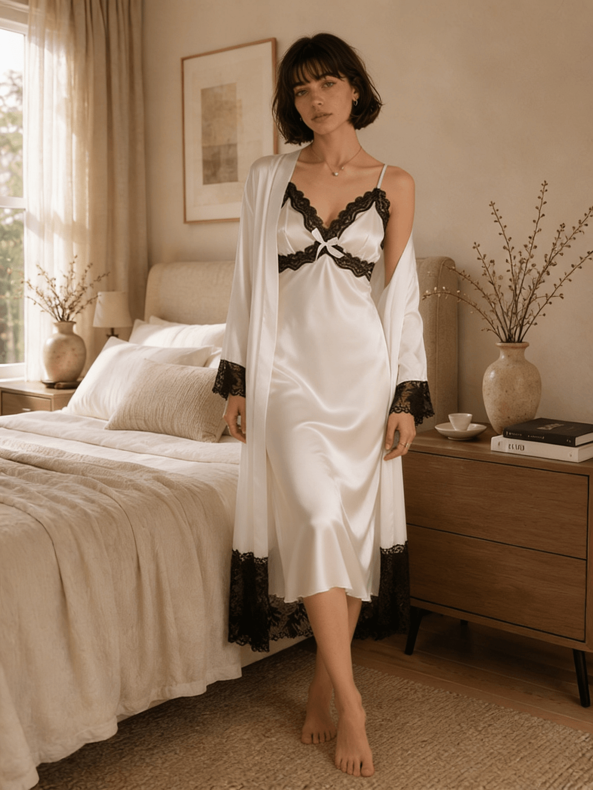 Satin Nightgown and Robe Set with Contrast Lace Trim