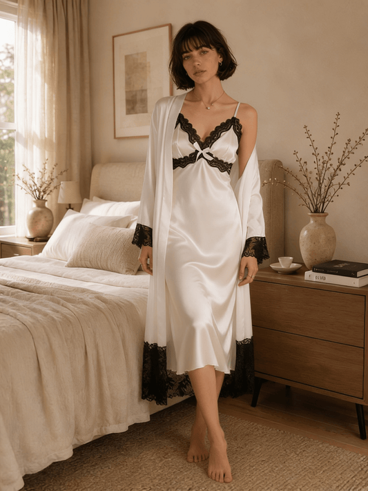 Satin Nightgown and Robe Set with Contrast Lace Trim