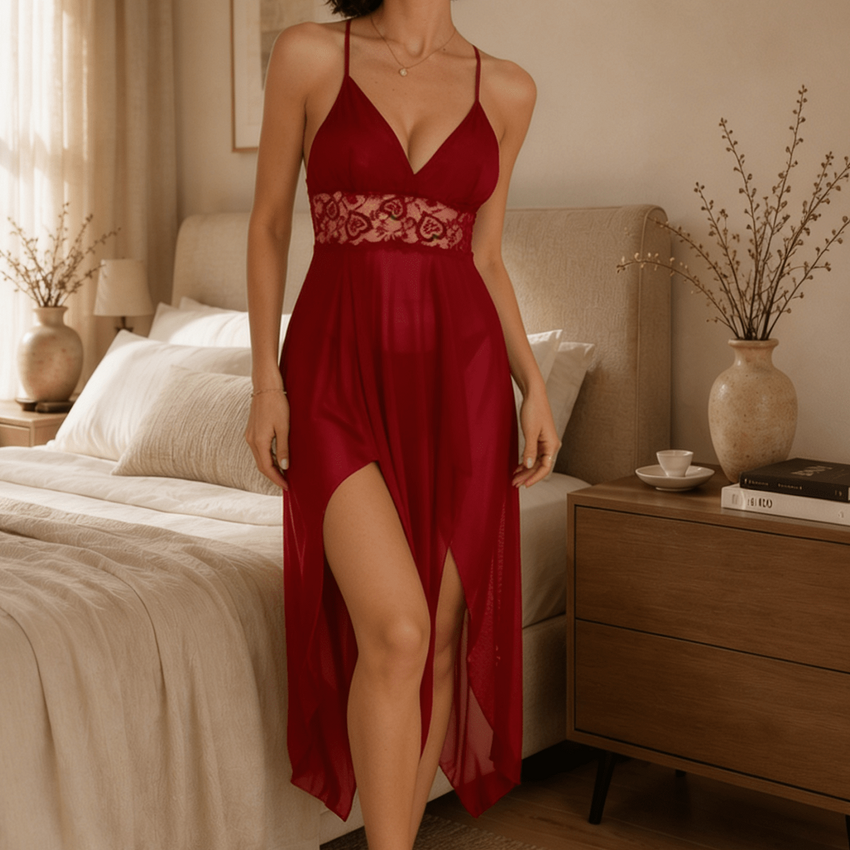 Sheer High Low Nightgown with Lace Waist and Split Front