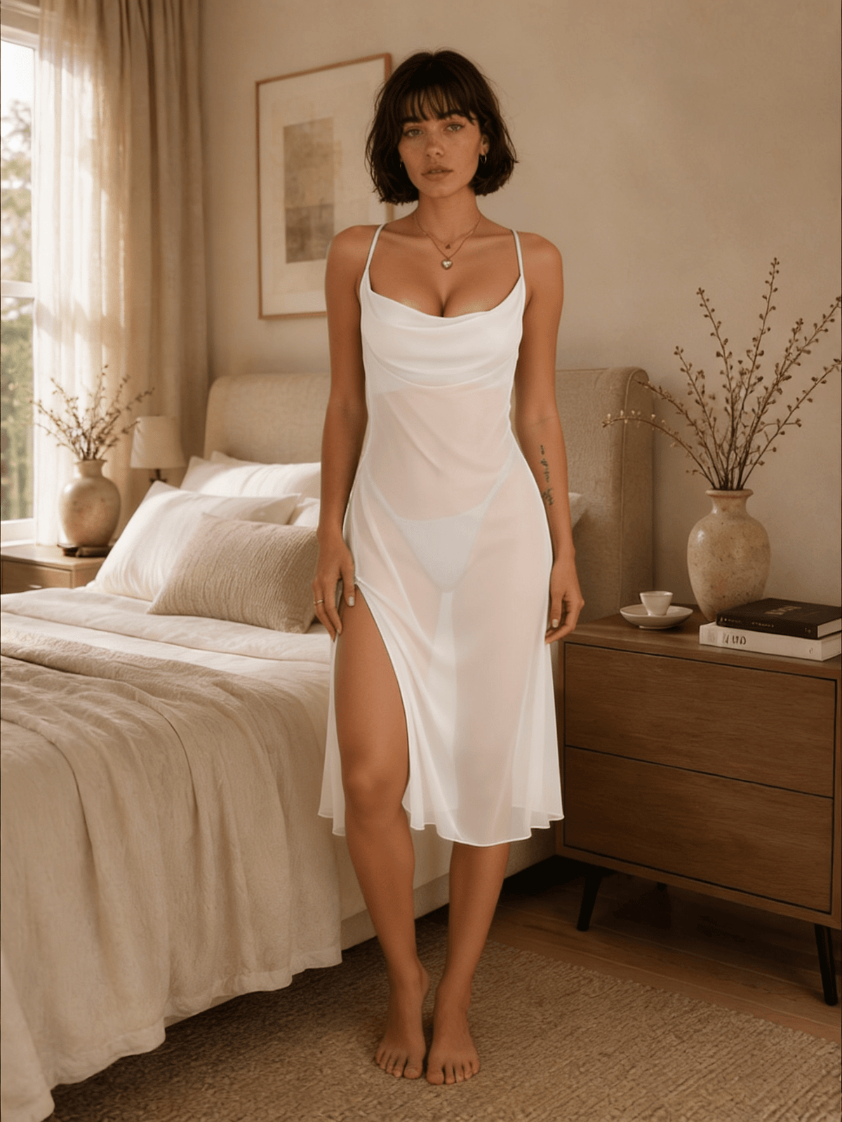 Sheer Midi Cowl Neck Nightgown with Cross Back Straps