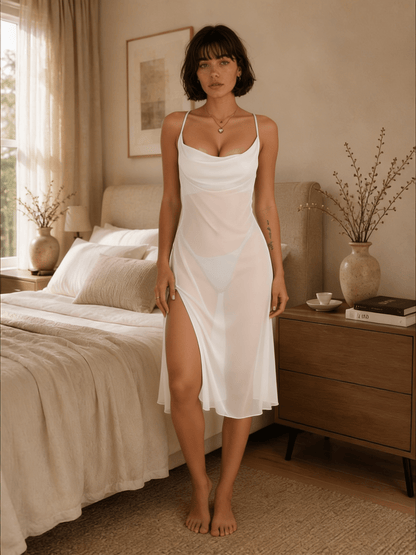 Sheer Midi Cowl Neck Nightgown with Cross Back Straps