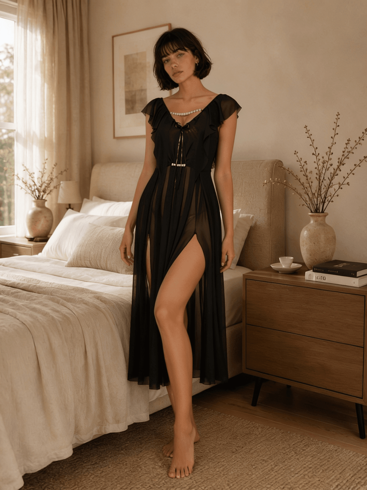 Sheer Midi Nightgown with Flutter Sleeves and Front Tie - Comet Lore
