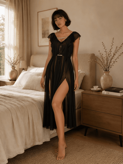 Sheer Midi Nightgown with Flutter Sleeves and Front Tie - Comet Lore