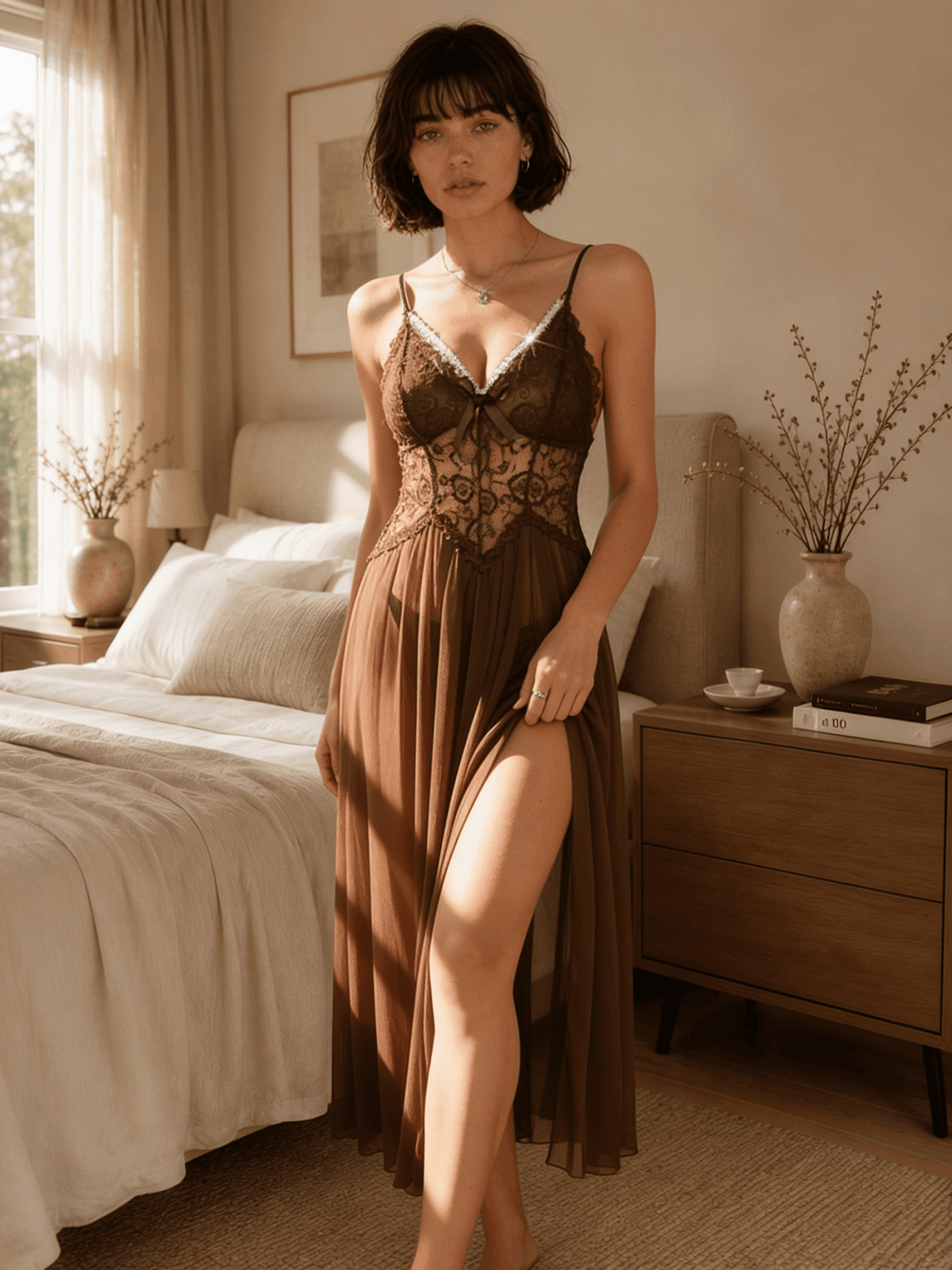 Sheer Midi Nightgown with Lace Bodice and Front Slit - Comet Lore