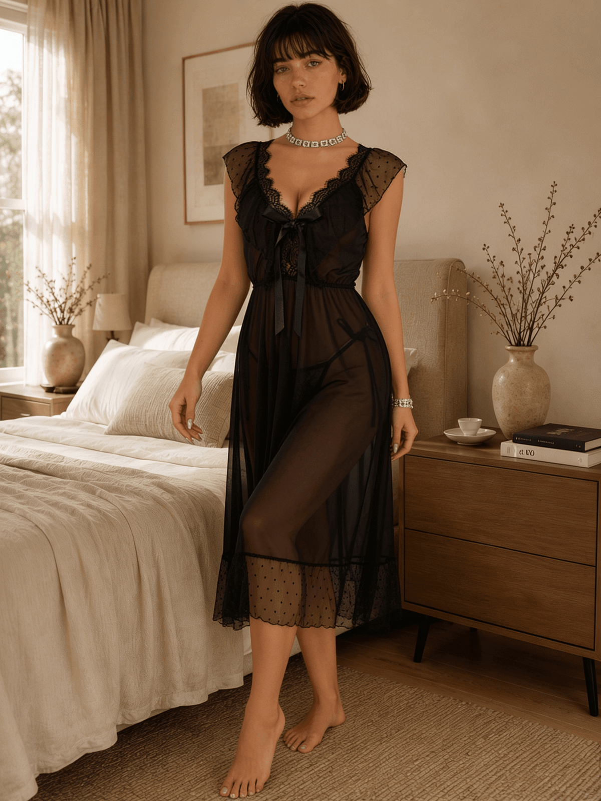 Sheer Midi Nightgown with Lace Flutter Sleeves and Ruffled Hem - Comet Lore
