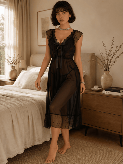 Sheer Midi Nightgown with Lace Flutter Sleeves and Ruffled Hem - Comet Lore