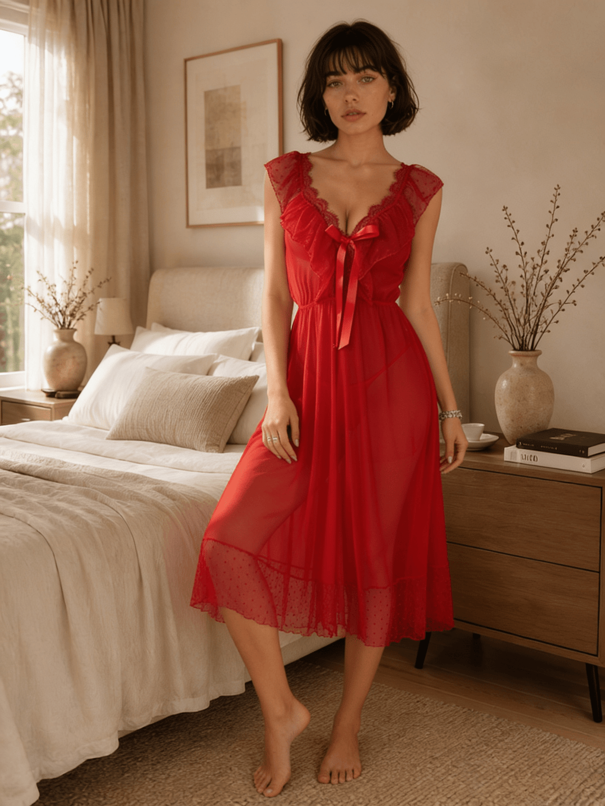Sheer Midi Nightgown with Lace Flutter Sleeves and Ruffled Hem - Comet Lore