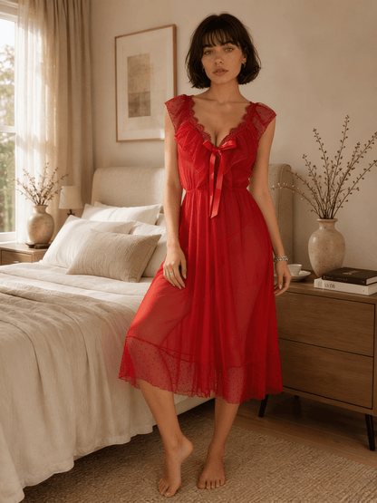 Sheer Midi Nightgown with Lace Flutter Sleeves and Ruffled Hem - Comet Lore