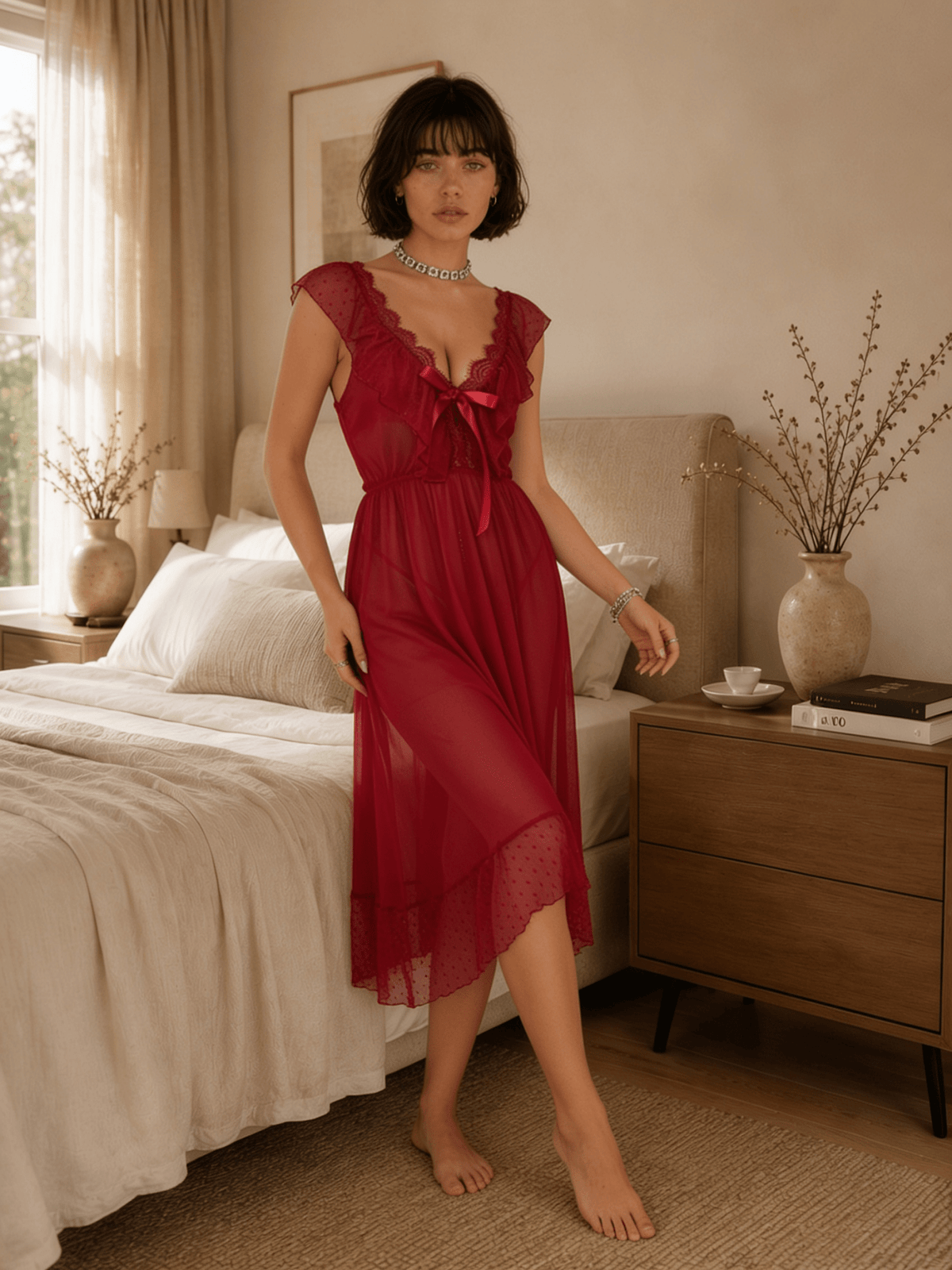 Sheer Midi Nightgown with Lace Flutter Sleeves and Ruffled Hem