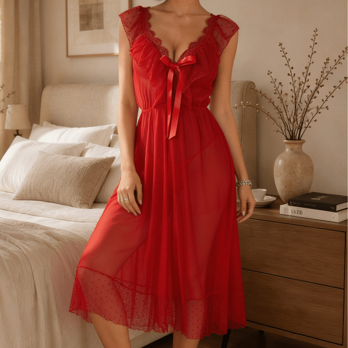 Sheer Midi Nightgown with Lace Flutter Sleeves and Ruffled Hem