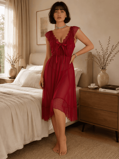 Sheer Midi Nightgown with Lace Flutter Sleeves and Ruffled Hem - Comet Lore