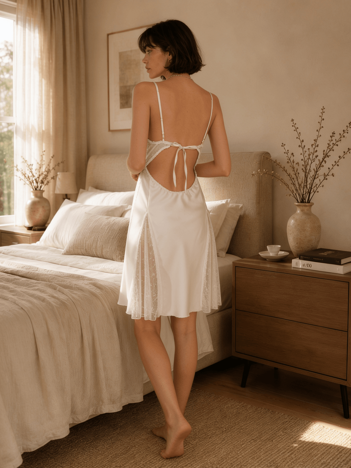 Sheer Nightie with Floral Embroidered Cups and Tie Back