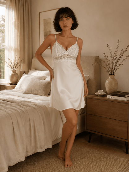 Short Satin Nightie with Floral Lace Bodice and V Back Panel