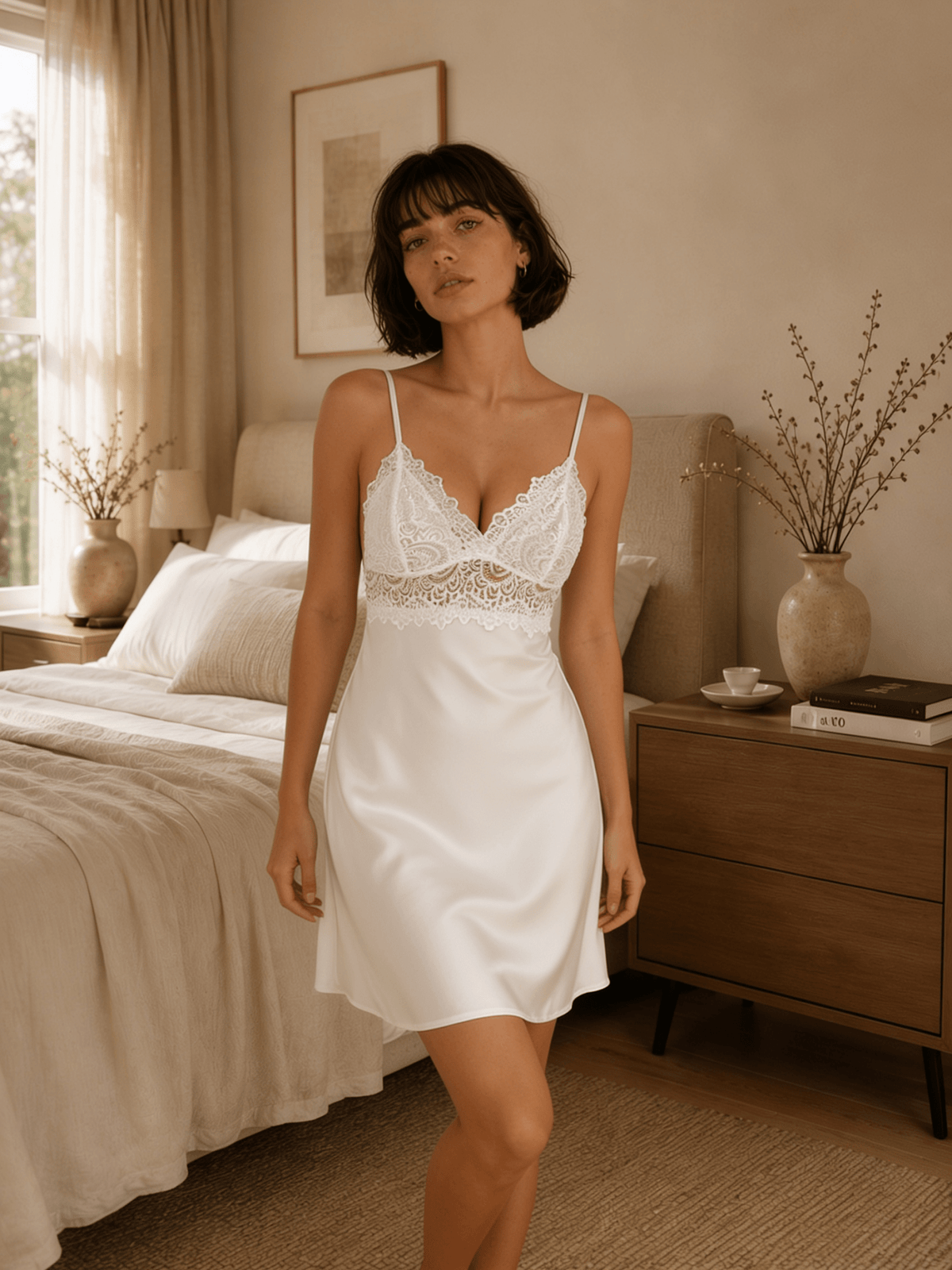 Short Satin Nightie with Floral Lace Bodice and V Back Panel