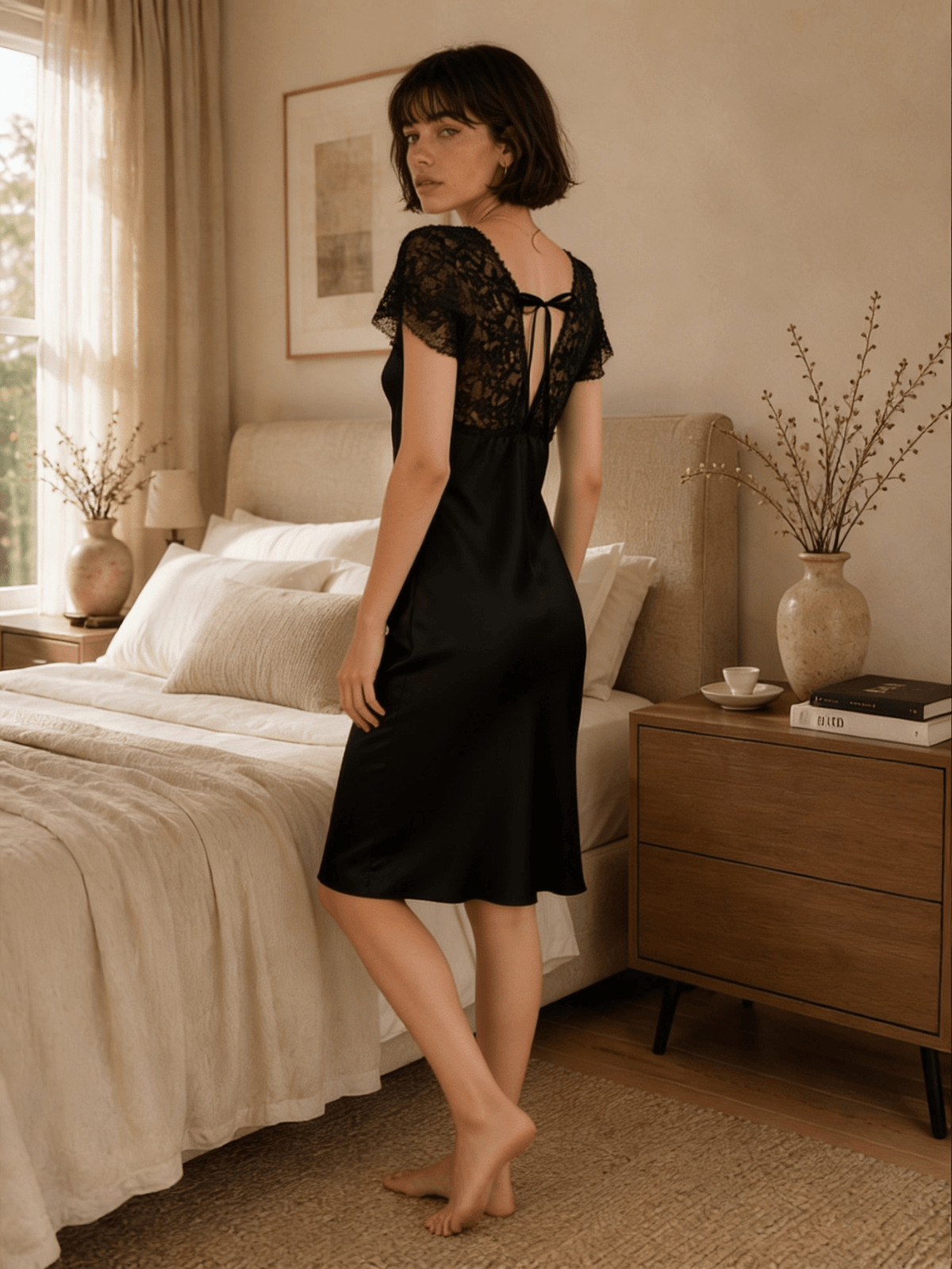 Short Satin Nightie with Lace Cap Sleeves and Front Tie