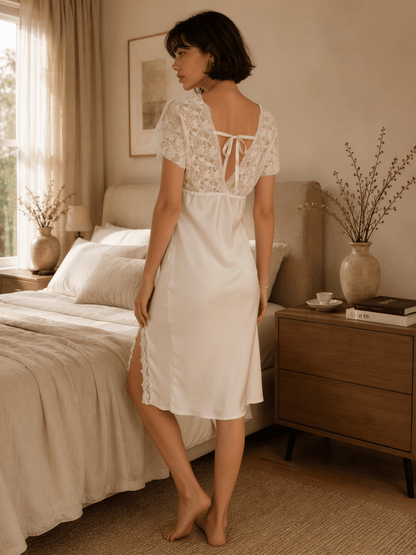 Short Satin Nightie with Lace Cap Sleeves and Front Tie