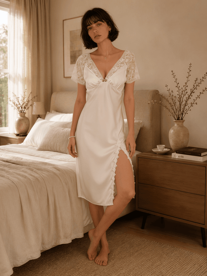 Short Satin Nightie with Lace Cap Sleeves and Front Tie - Comet Lore