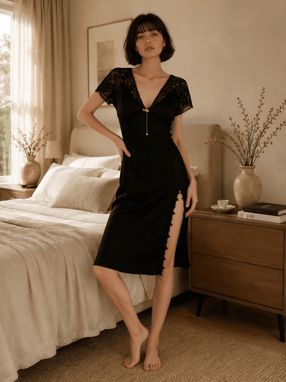 Short Satin Nightie with Lace Cap Sleeves and Front Tie - Comet Lore