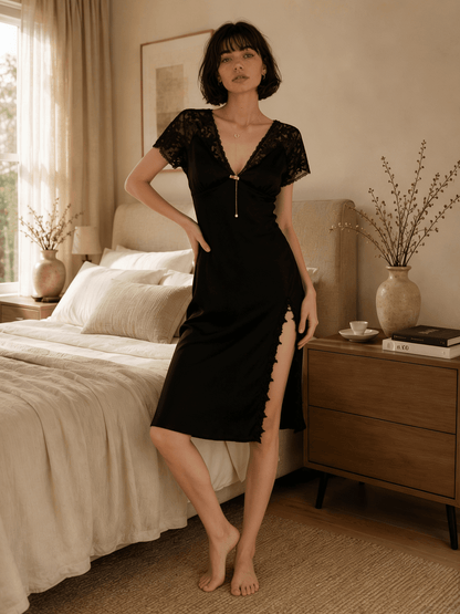 Short Satin Nightie with Lace Cap Sleeves and Front Tie - Comet Lore